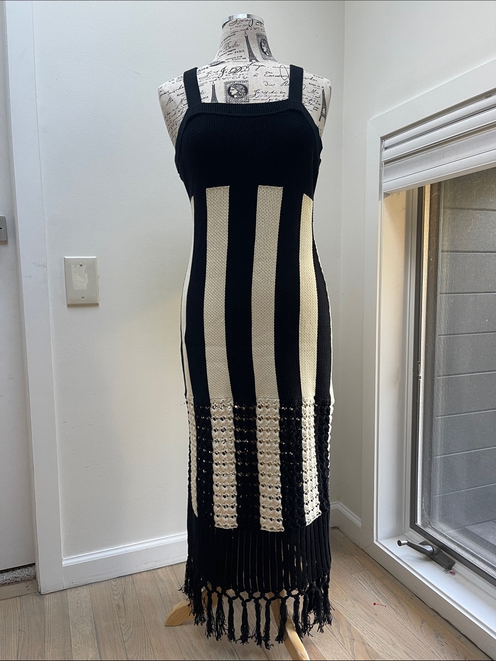 & Other Stories Black and Cream Crochet Stripe Maxi Dress with Fringe